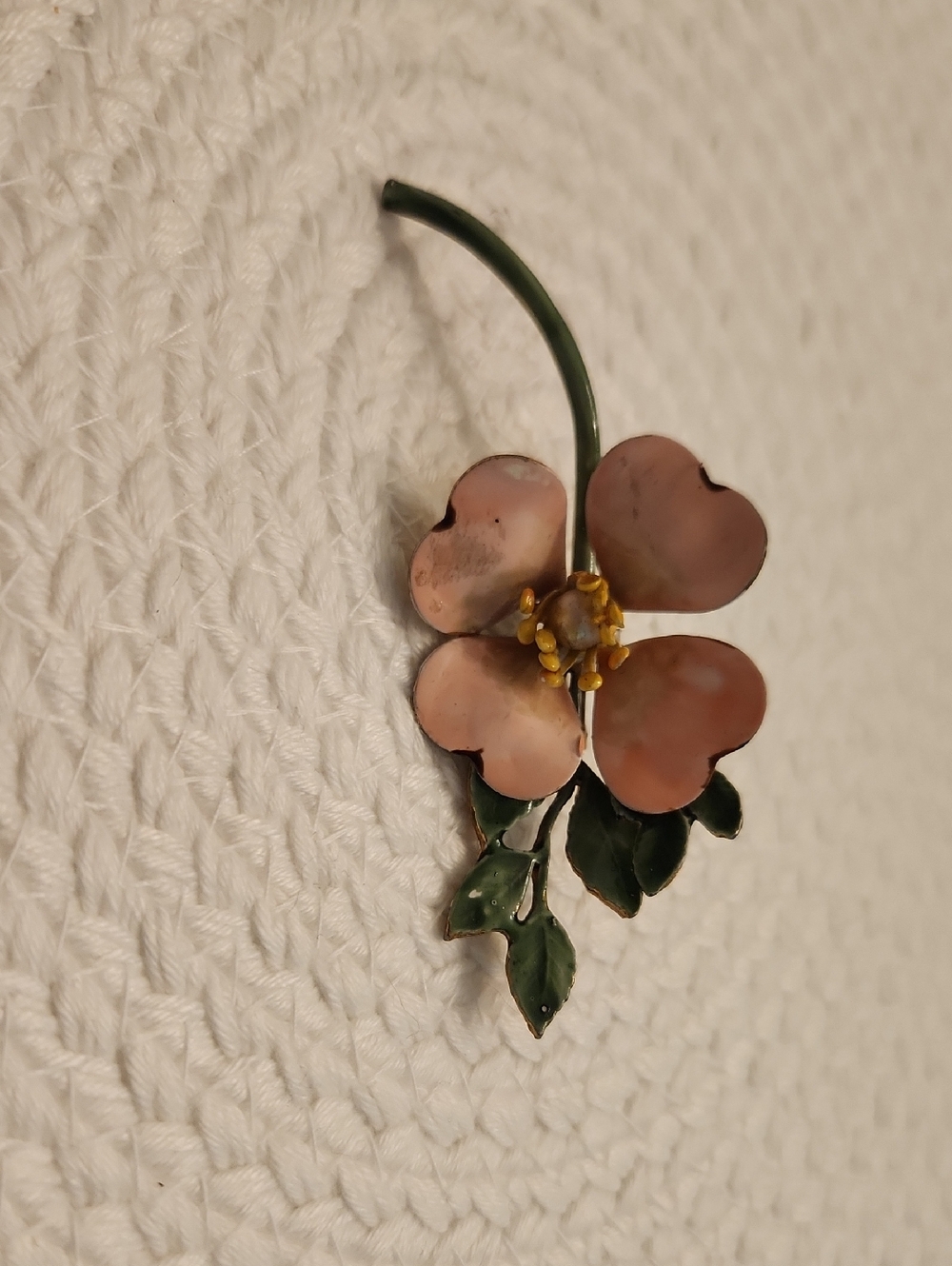 Robert Delicate Pink Enamel Floral Brooch with Green Leaves